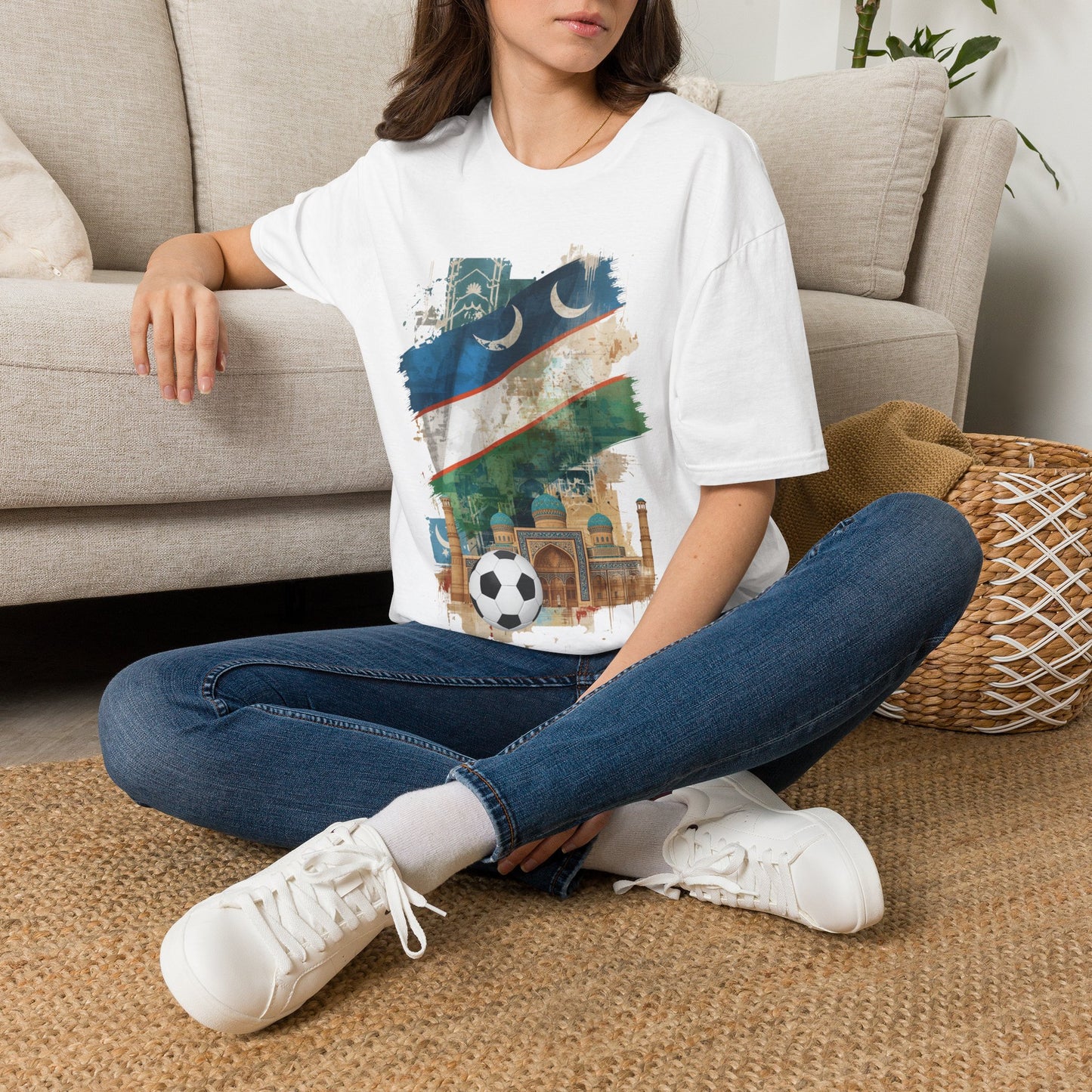 Uzbekistan Flag Soccer T-Shirt — Crescent Emblem & Landmark Design Tee