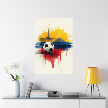Ecuador Soccer Poster — Matte Flag Art with Pichincha Volcano & Quito Monument Art