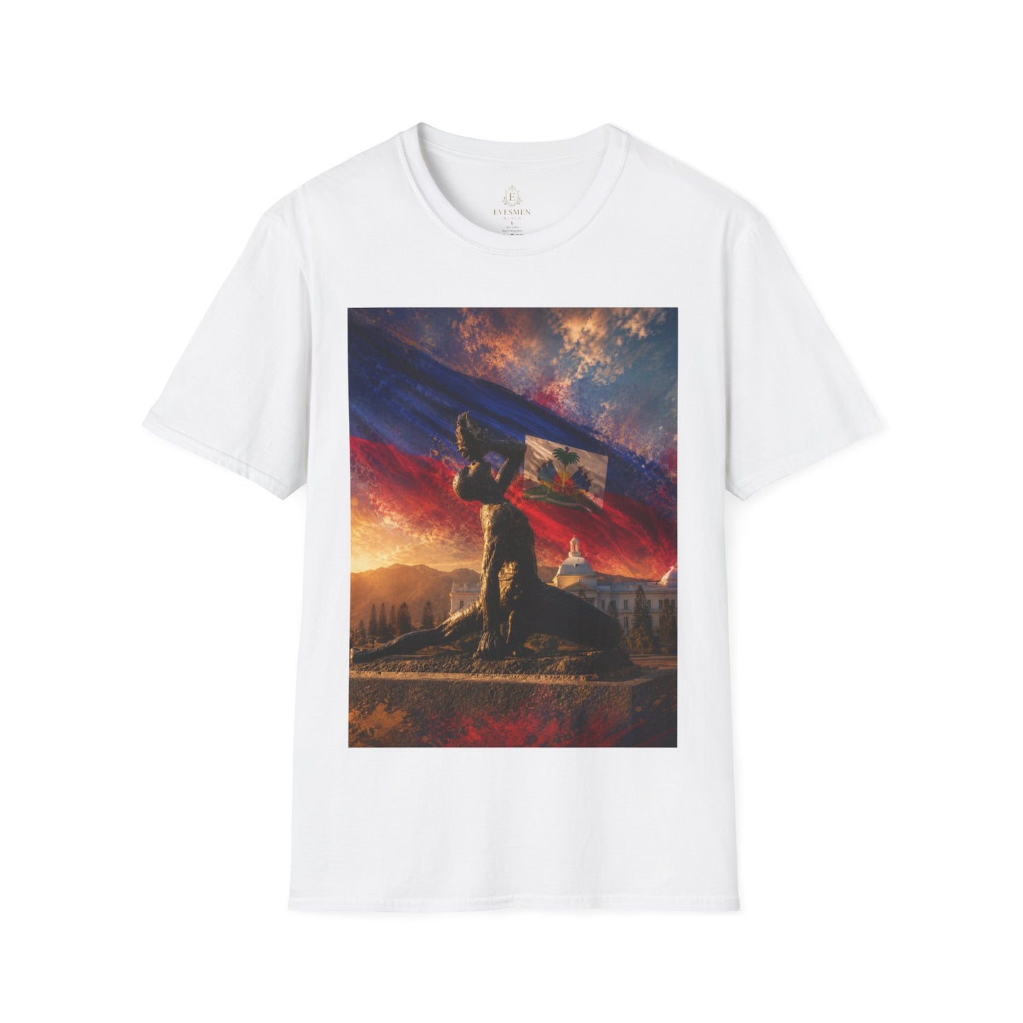 Haitian "Marron Inconnu" Sculpture T-Shirt — Spirit of Freedom & Flag Fan Tee