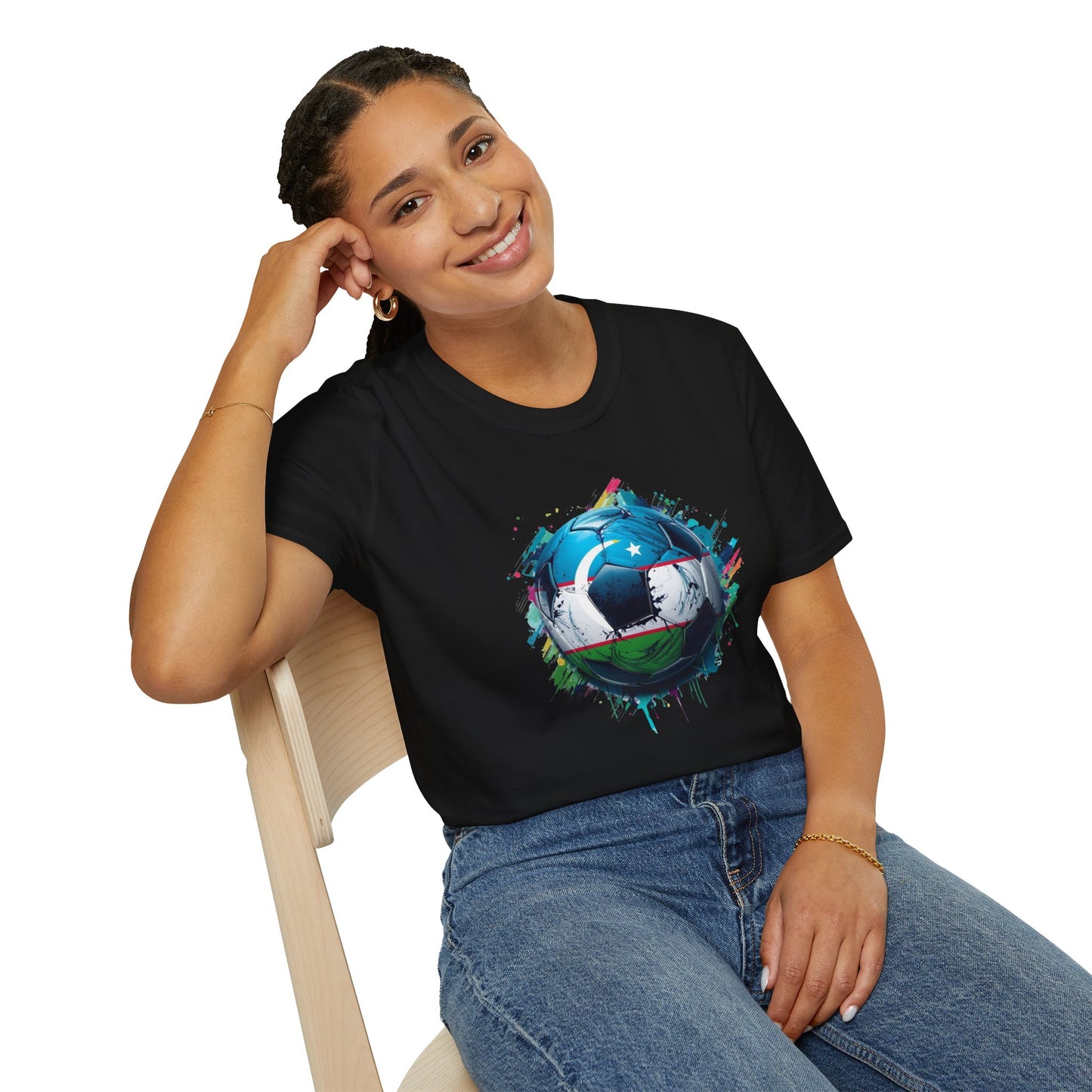 Uzbekistan Football Flag Splatter T-Shirt Abstract Crescent Moon Design Tee