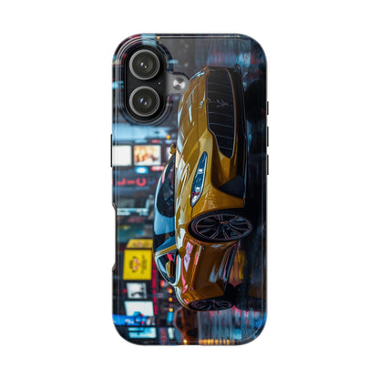 Phone case with a yellow sports car design on a city street background