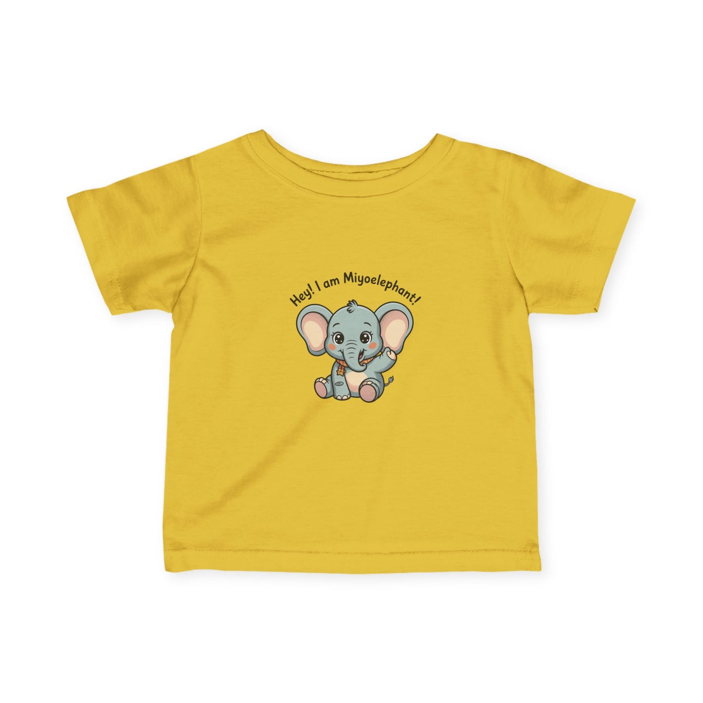 Yellow t-shirt with a cartoon elephant and text on a white background