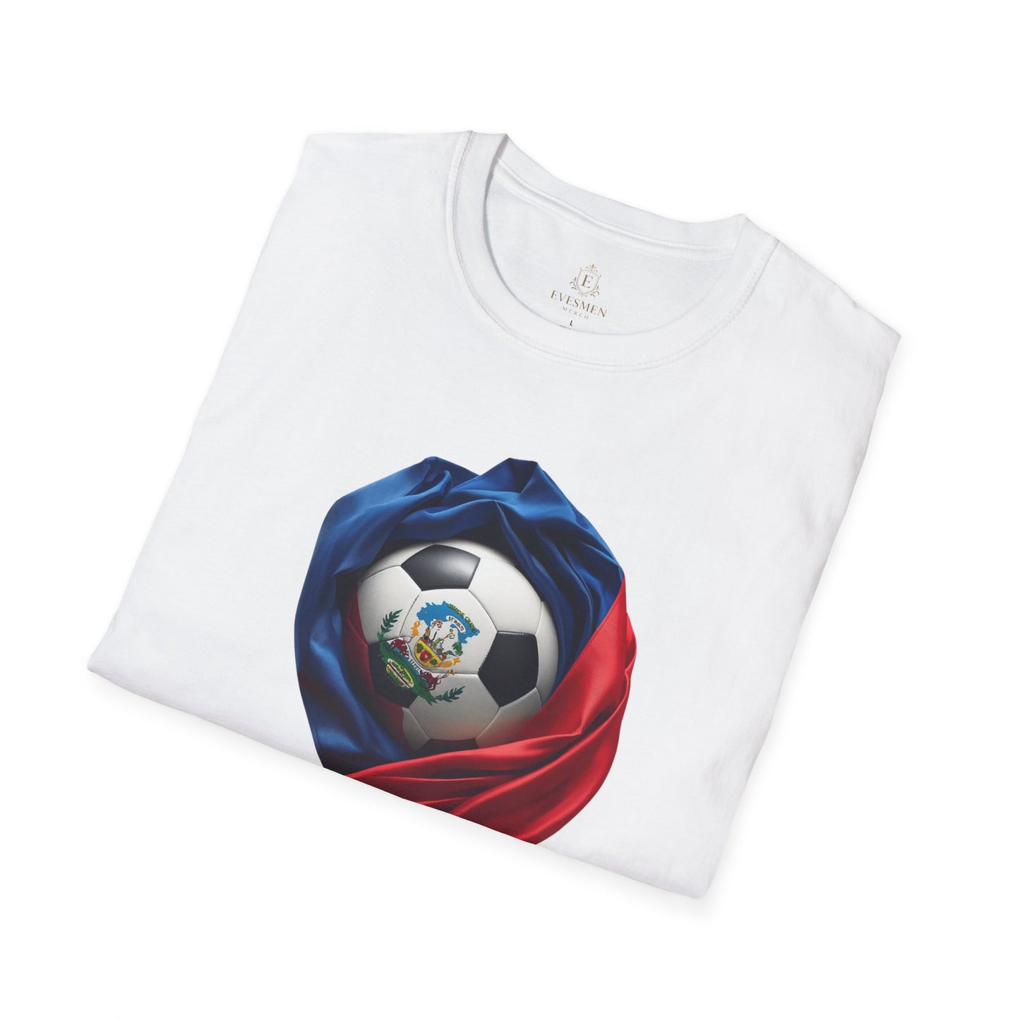 Haitian Soccer Ball T-shirt Enveloped in Flag Fabric with Coat of Arms Tee