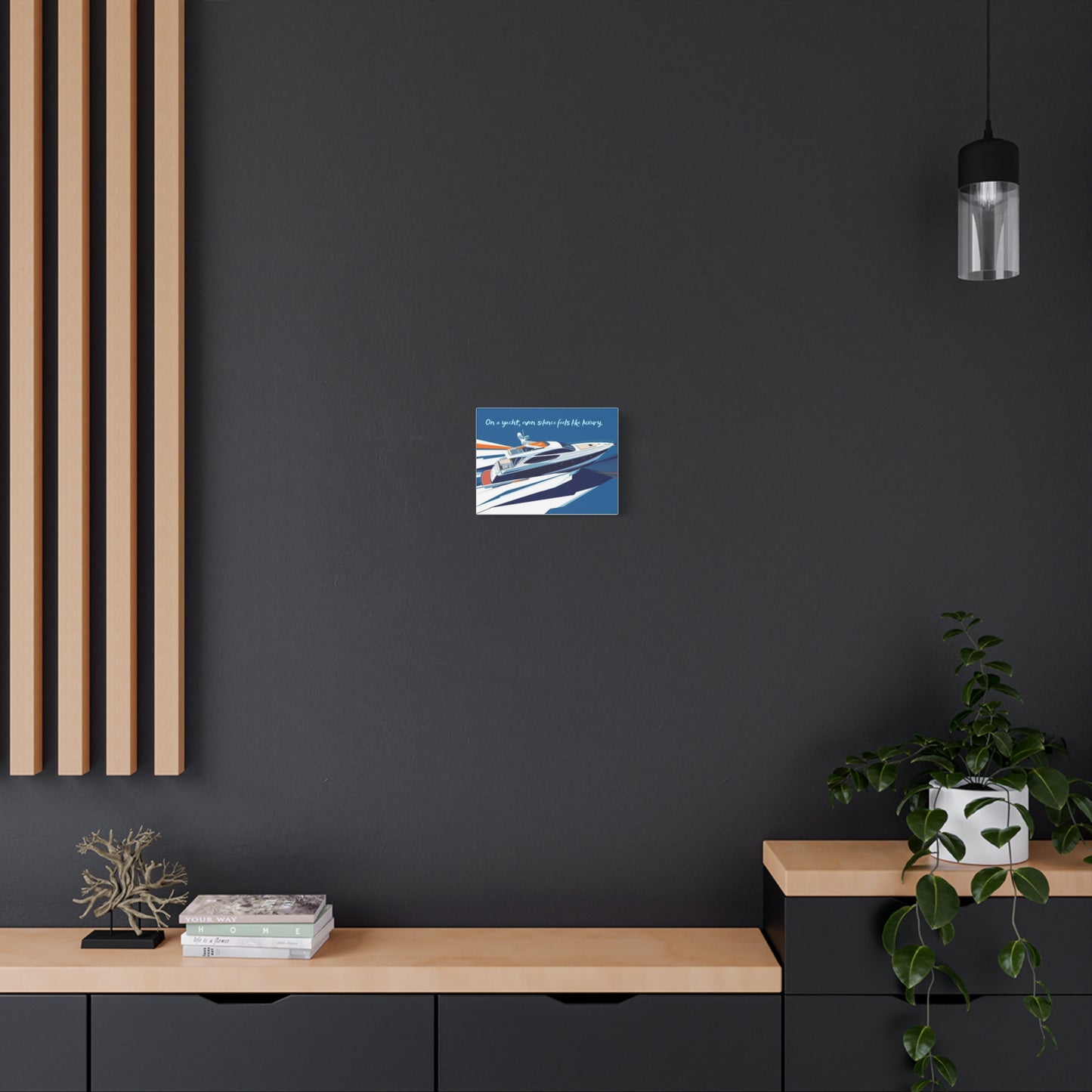 Modern interior with a canvas wall art  in a dark color wall background, wooden shelf, and decorative items.
