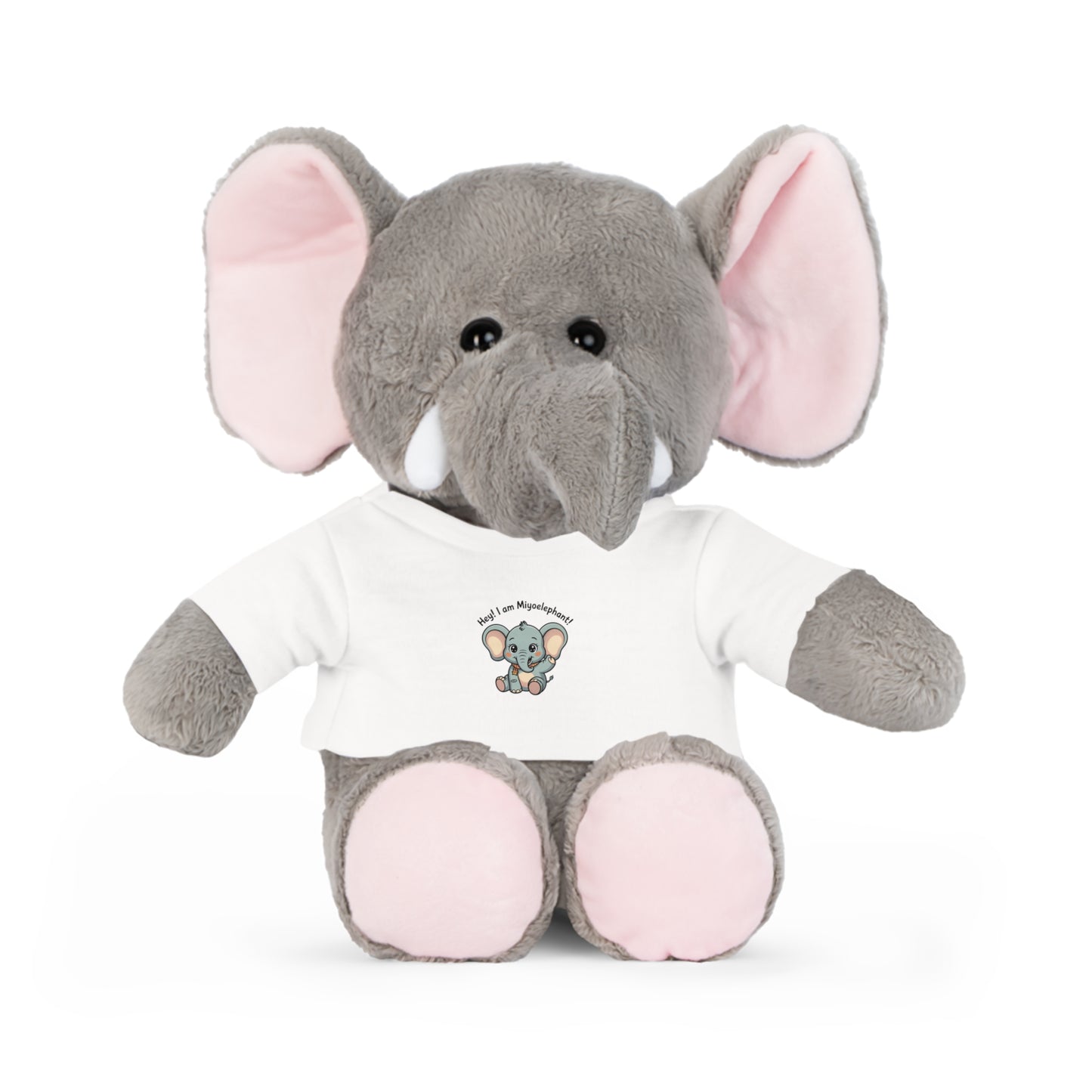 Plush elephant toy wearing a white shirt with a logo on a white background