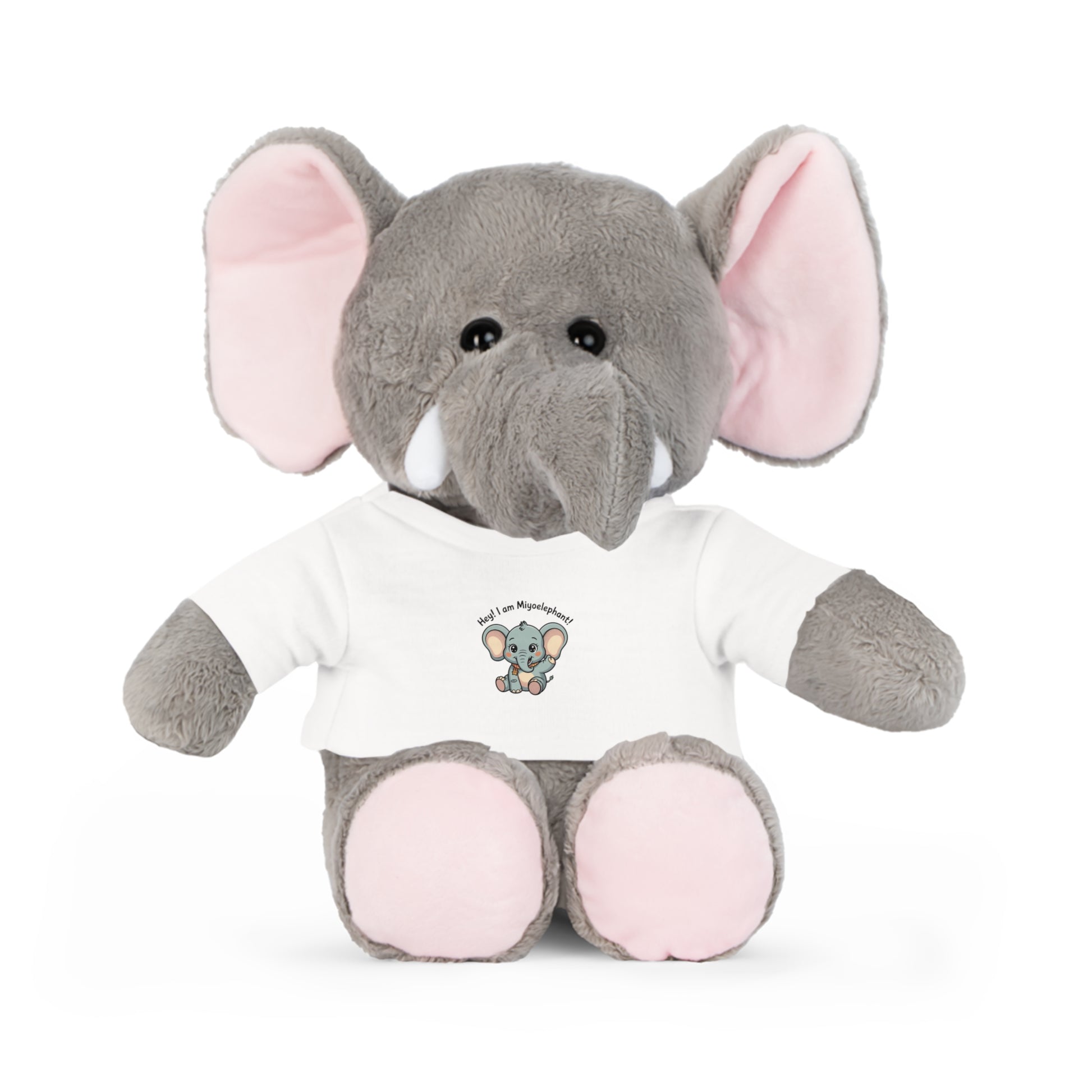 Plush elephant toy wearing a white shirt with a logo on a white background