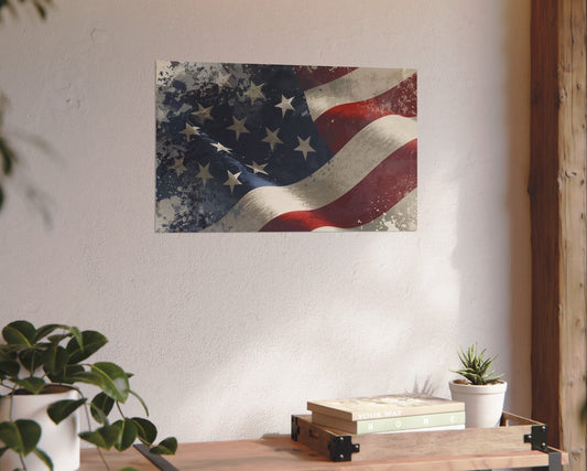 American flag poster on a wall above a wooden shelf with plants