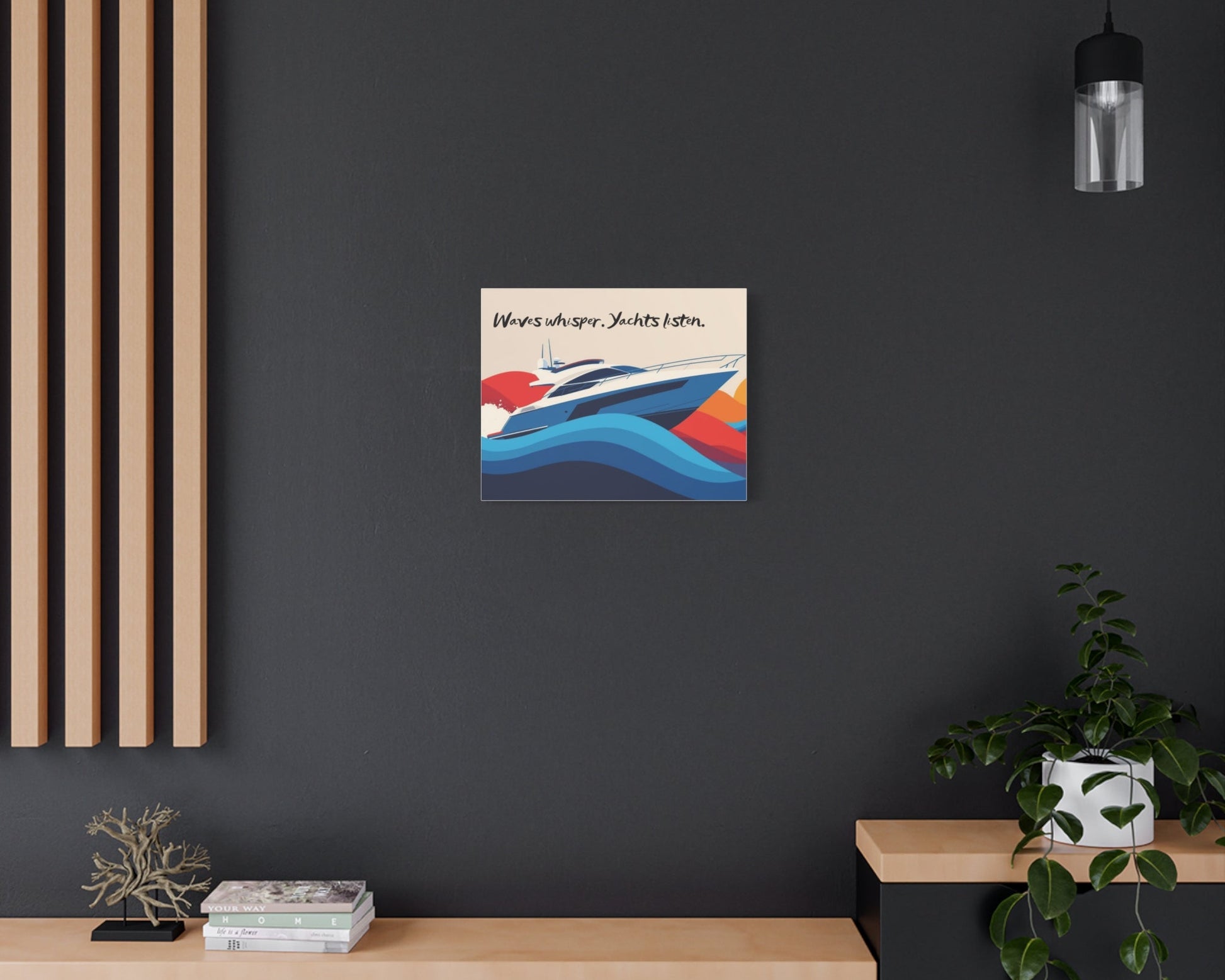 Yacht canvas wall art on a modern interior dark wall, wooden shelf, and decorative items.