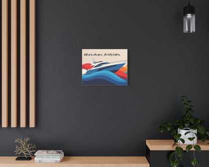 Yacht canvas wall art on a modern interior dark wall, wooden shelf, and decorative items.
