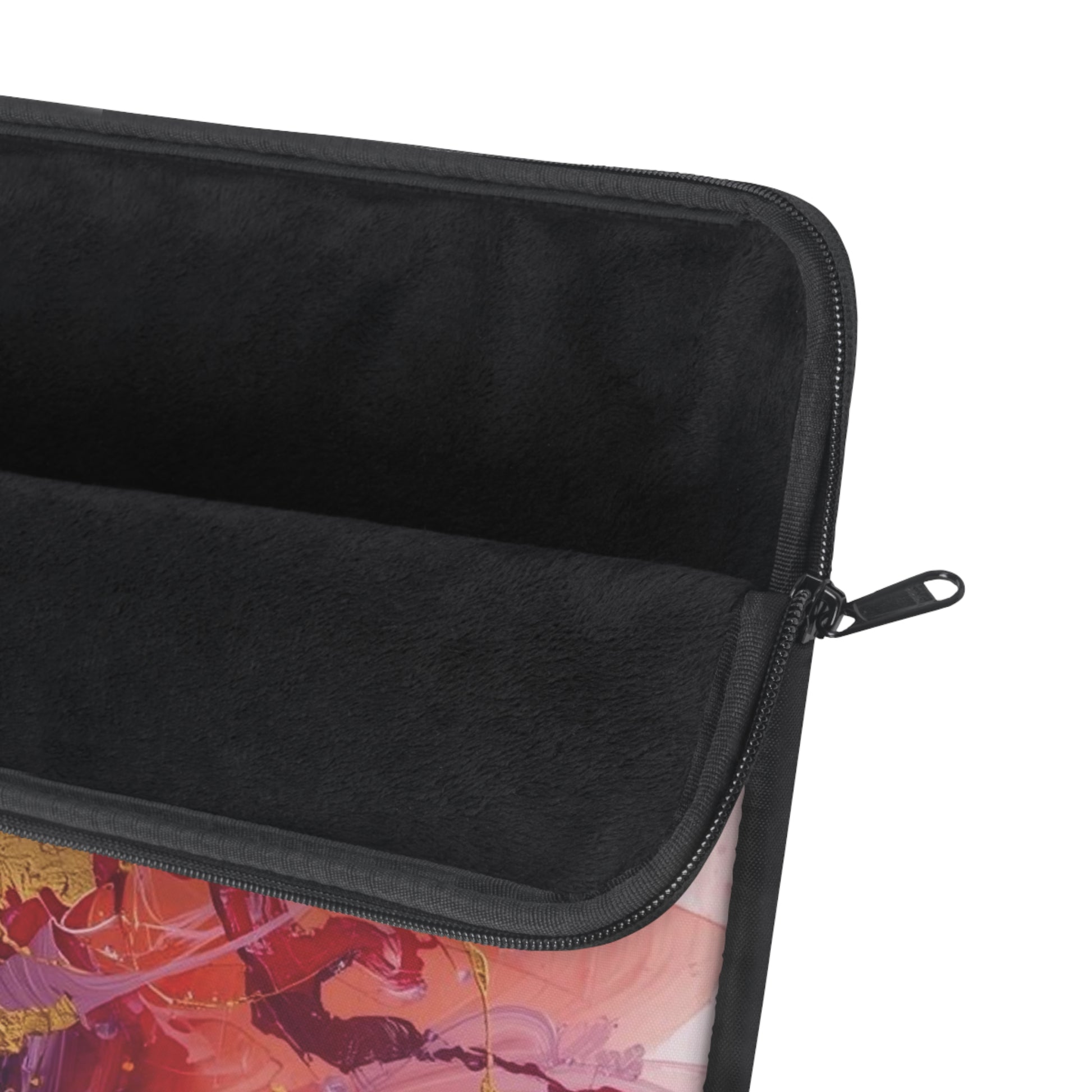 Black soft fleece and foam protection  insides of a laptop sleeve with colorful design on a white background