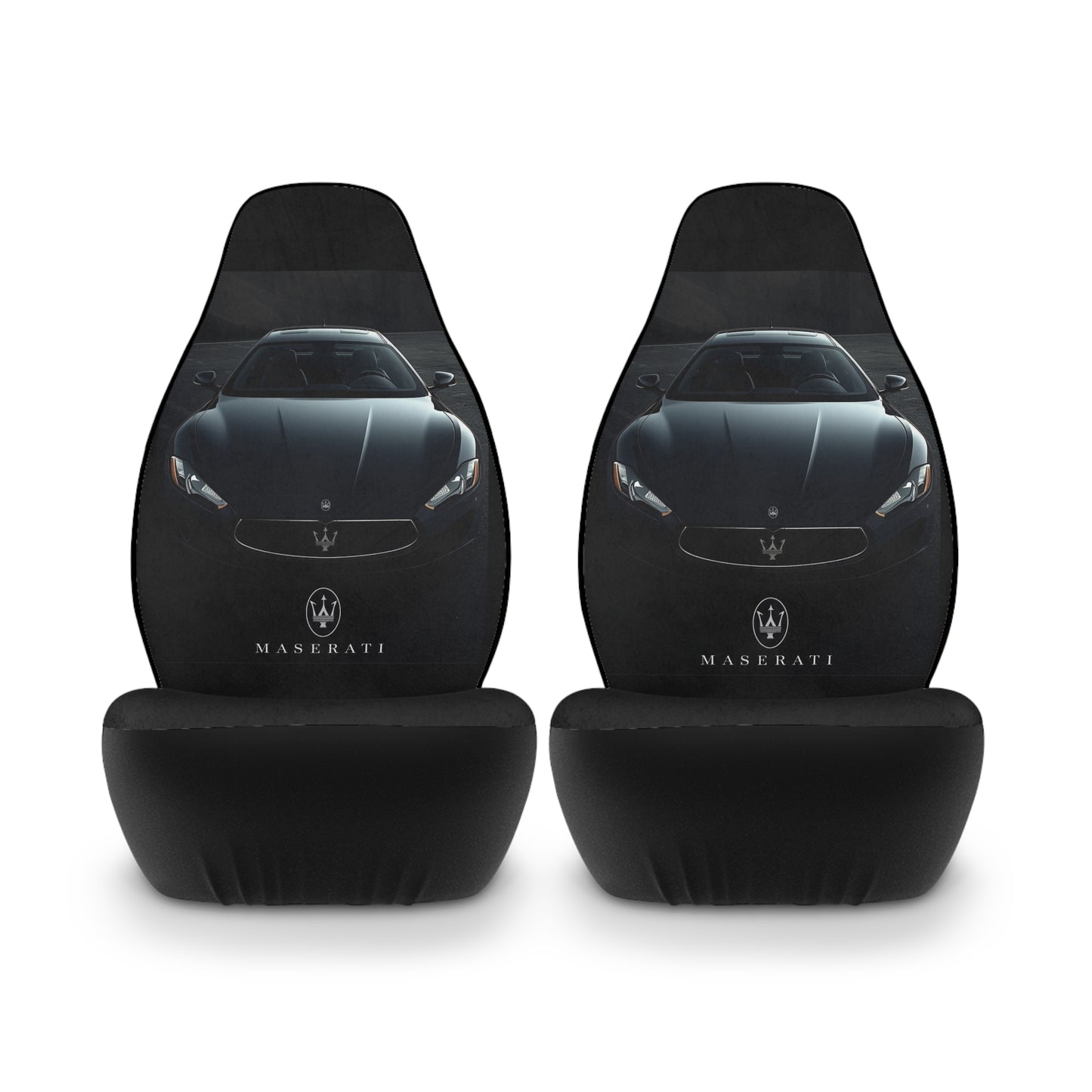 Two black Maserati car seat covers on a white background