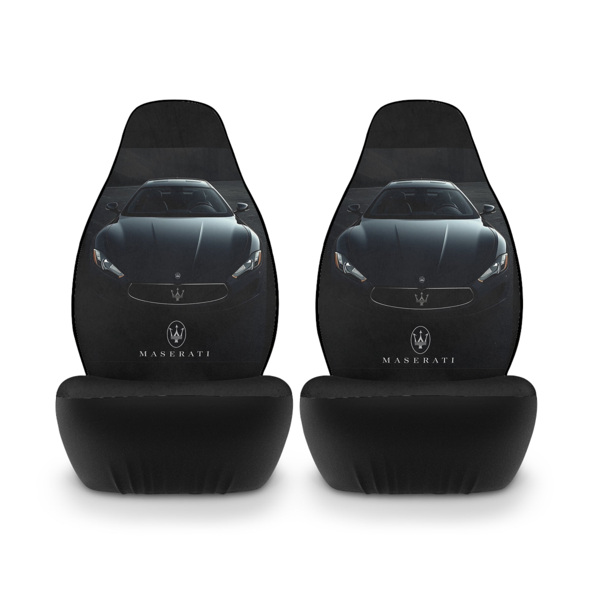 Two black Maserati car seat covers on a white background