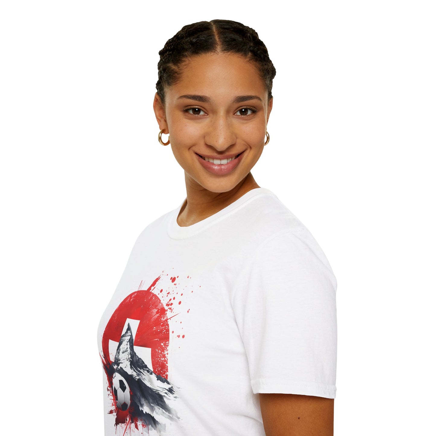 Swiss Flag Soccer T-Shirt with Grunge Paint Splatter and Alps Peak Design Tee
