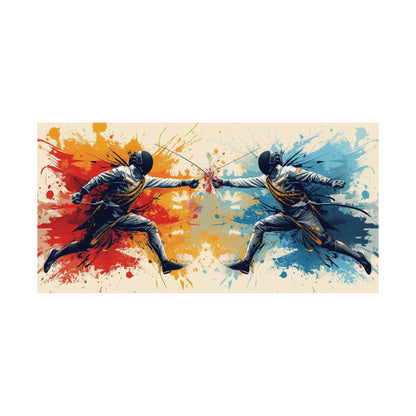 Artistic depiction of two fencers in action with colorful splashes on a white background