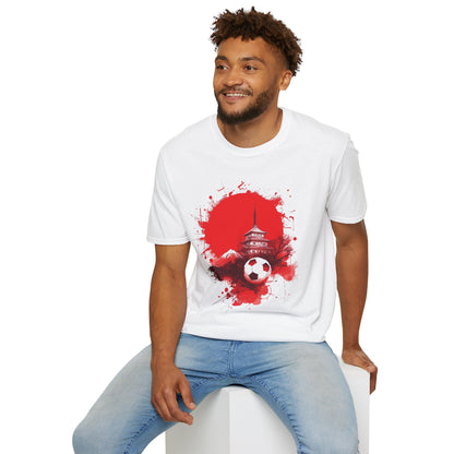 Japan Football T-Shirt with Rising Sun Splatter and Pagoda Design Tee