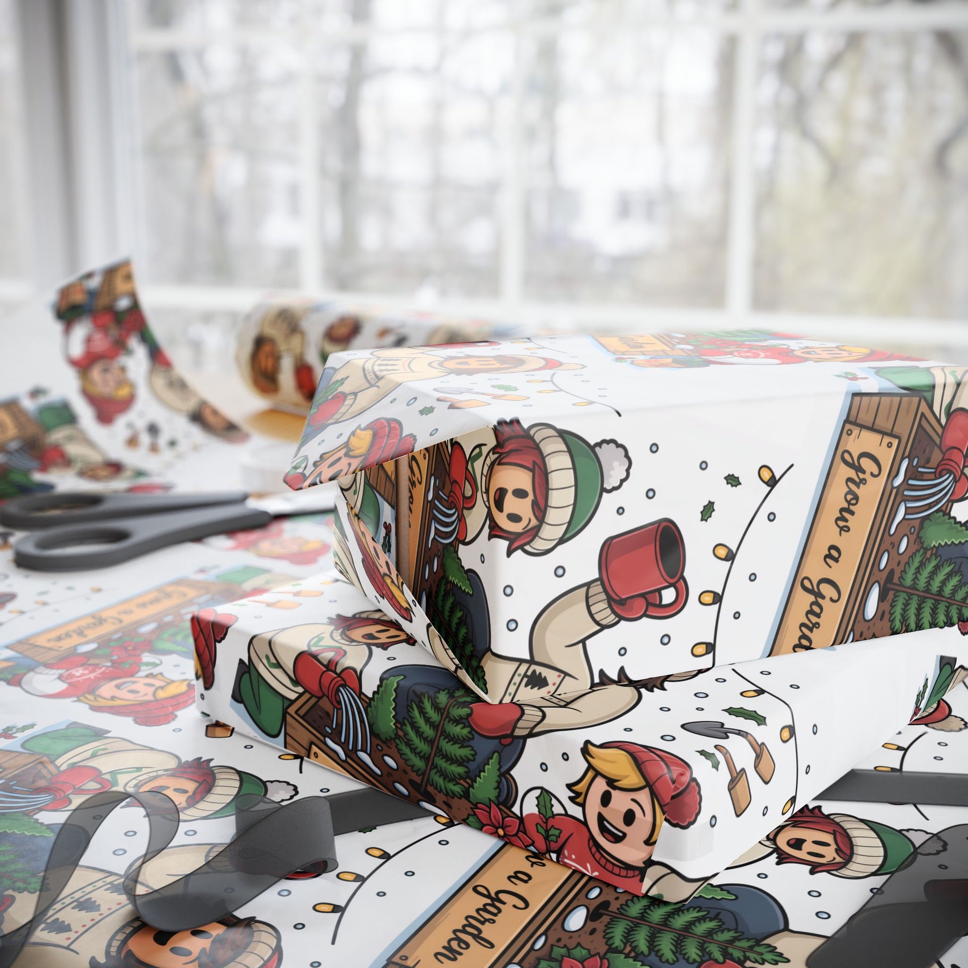 Gift wrap with cartoon characters and text, scissors on a white surface