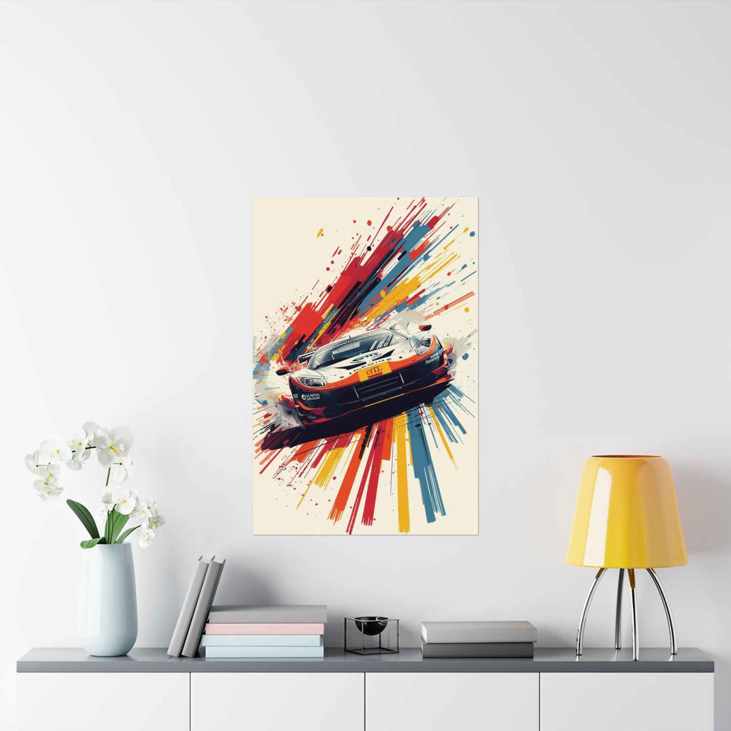 Colorful abstract painting of a car on a wall above a shelf with decor items.