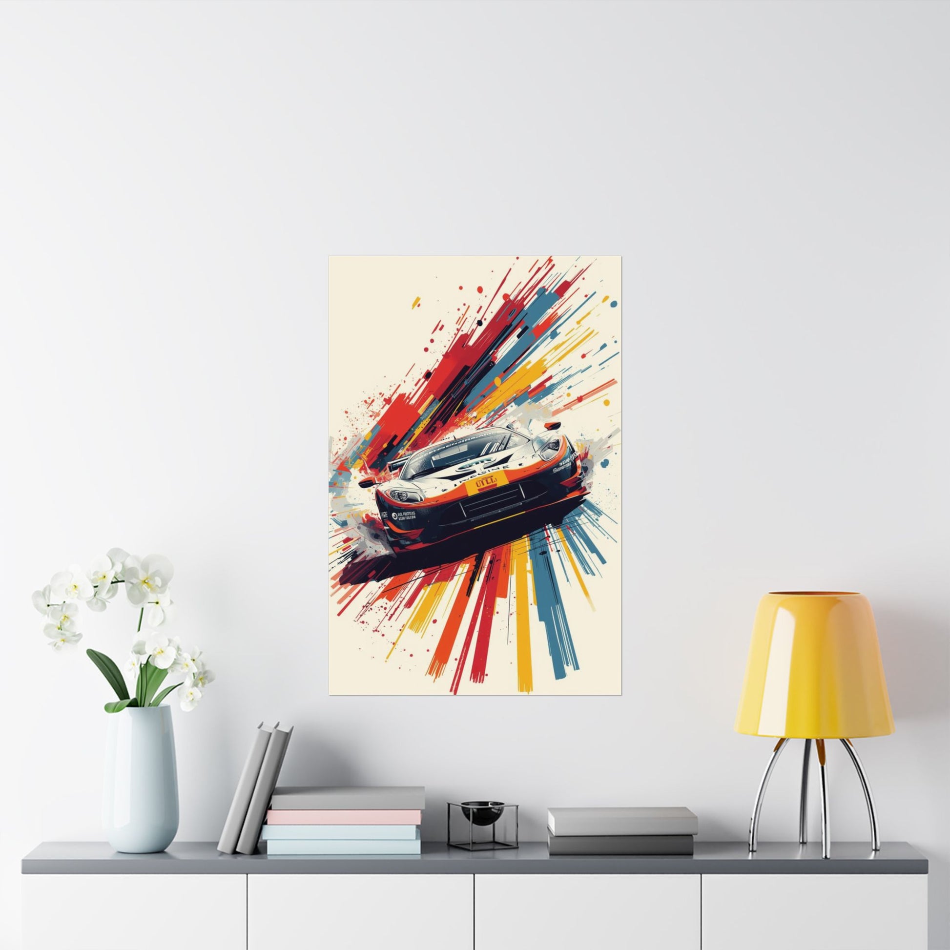 Colorful abstract painting of a car on a wall above a shelf with decor items.