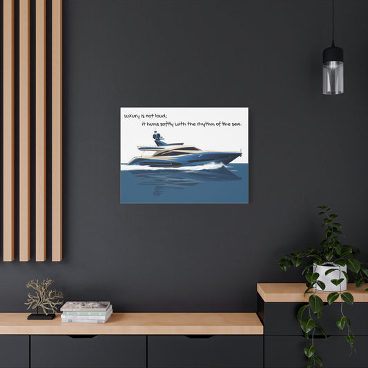 Wall art canvas of a yacht on a dark wall with decorative elements below.