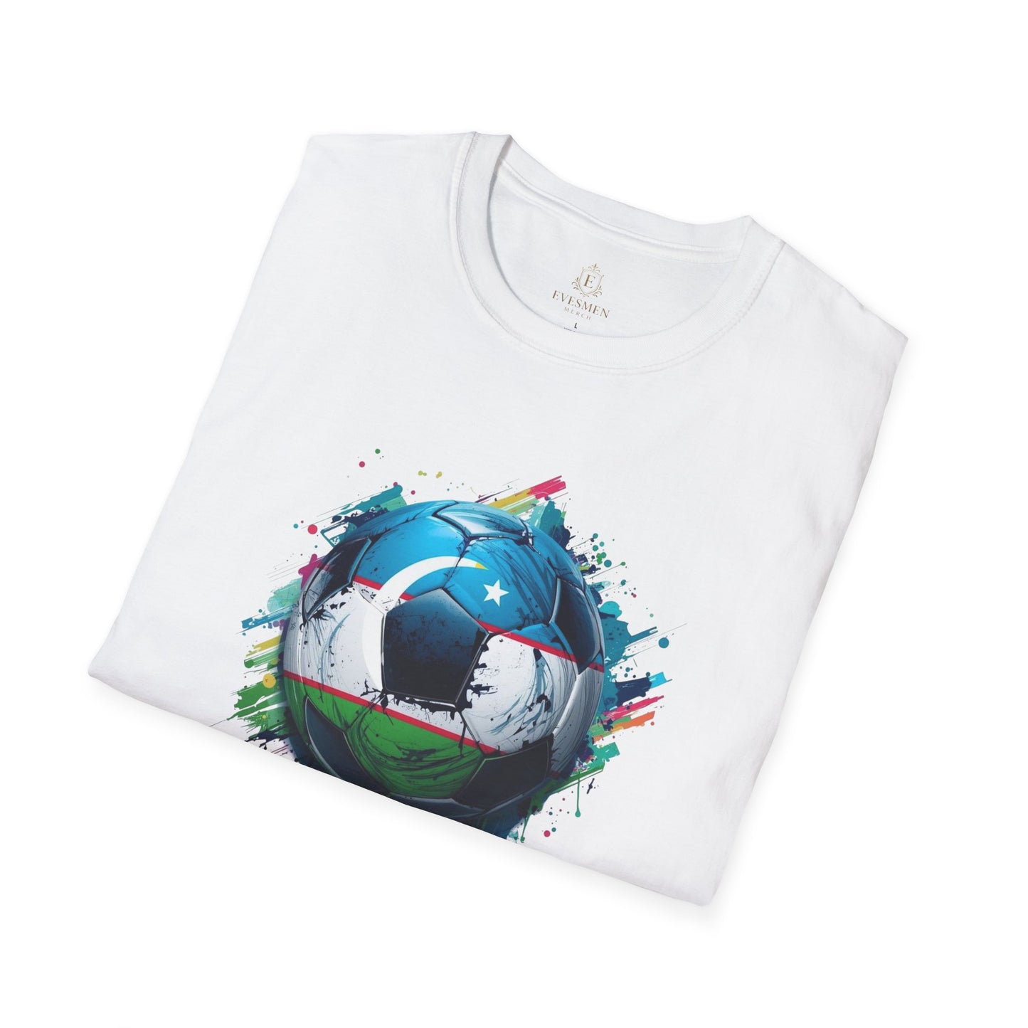 Uzbekistan Football Flag Splatter T-Shirt Abstract Crescent Moon Design Tee
