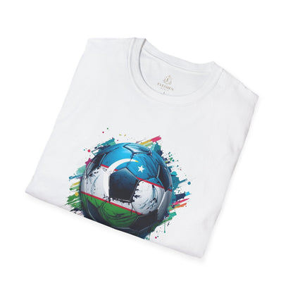 Uzbekistan Football Flag Splatter T-Shirt Abstract Crescent Moon Design Tee