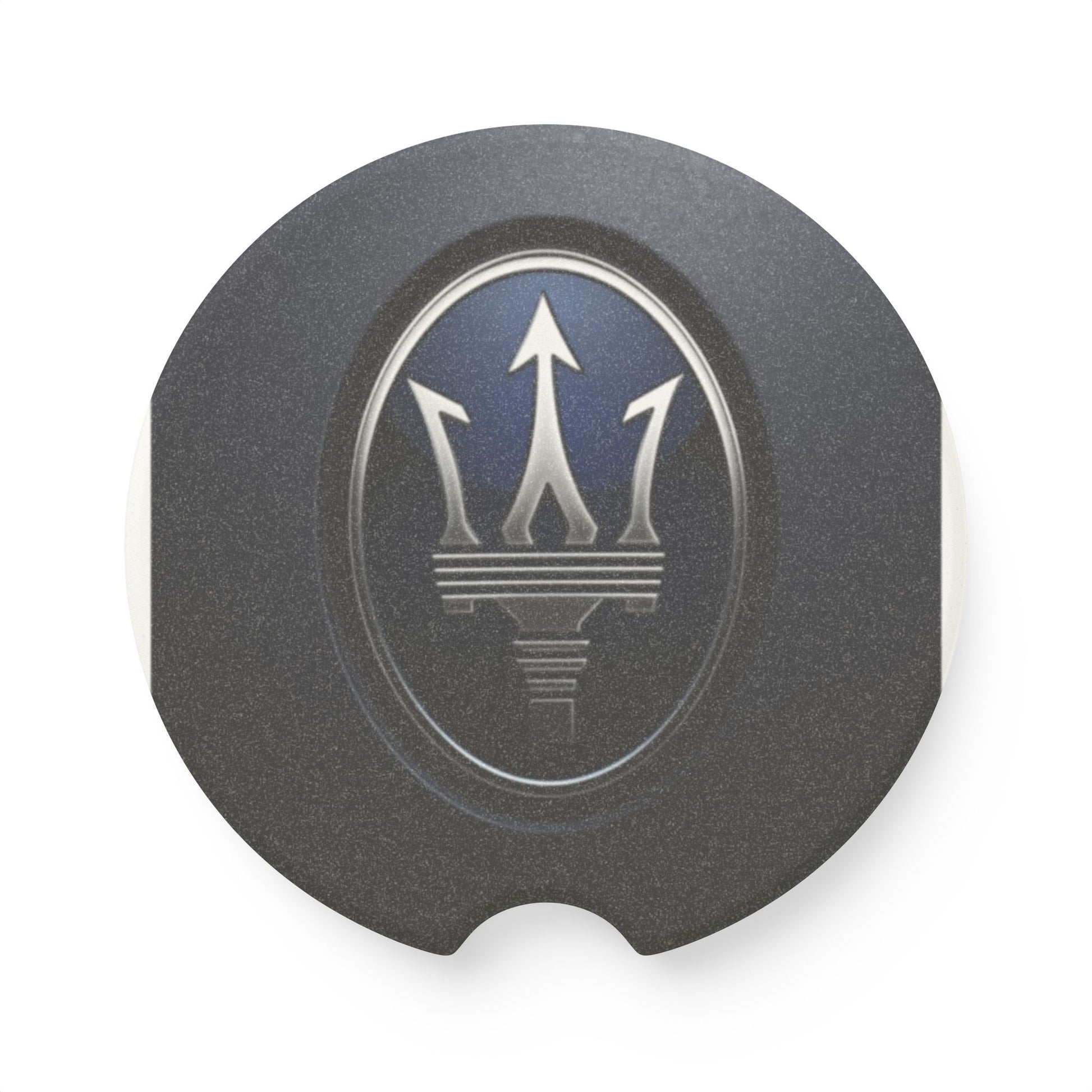 Car coaster with Maserati logo on a white background