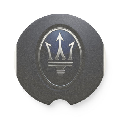 Car coaster with Maserati logo on a white background