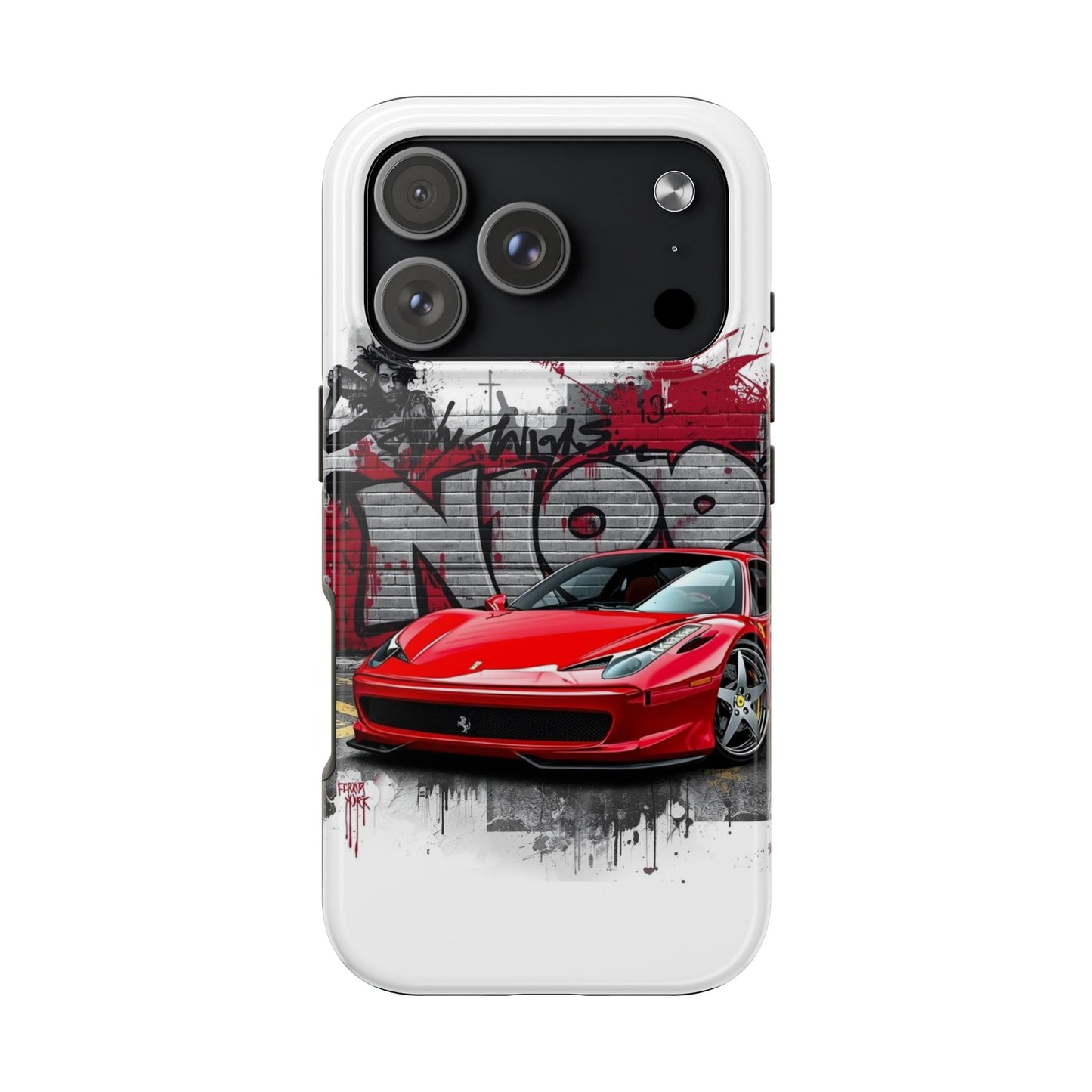 Phone case with a red sports car design on a white background