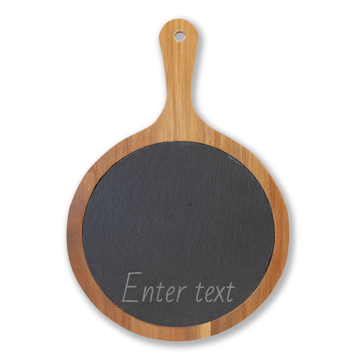 Round wooden cutting board with a black chalkboard surface on a white background