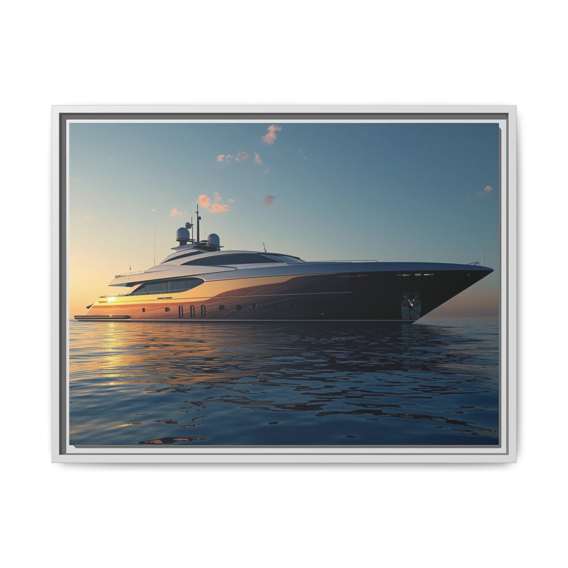 Framed Yacht on the water with a sunset or sunrise sky