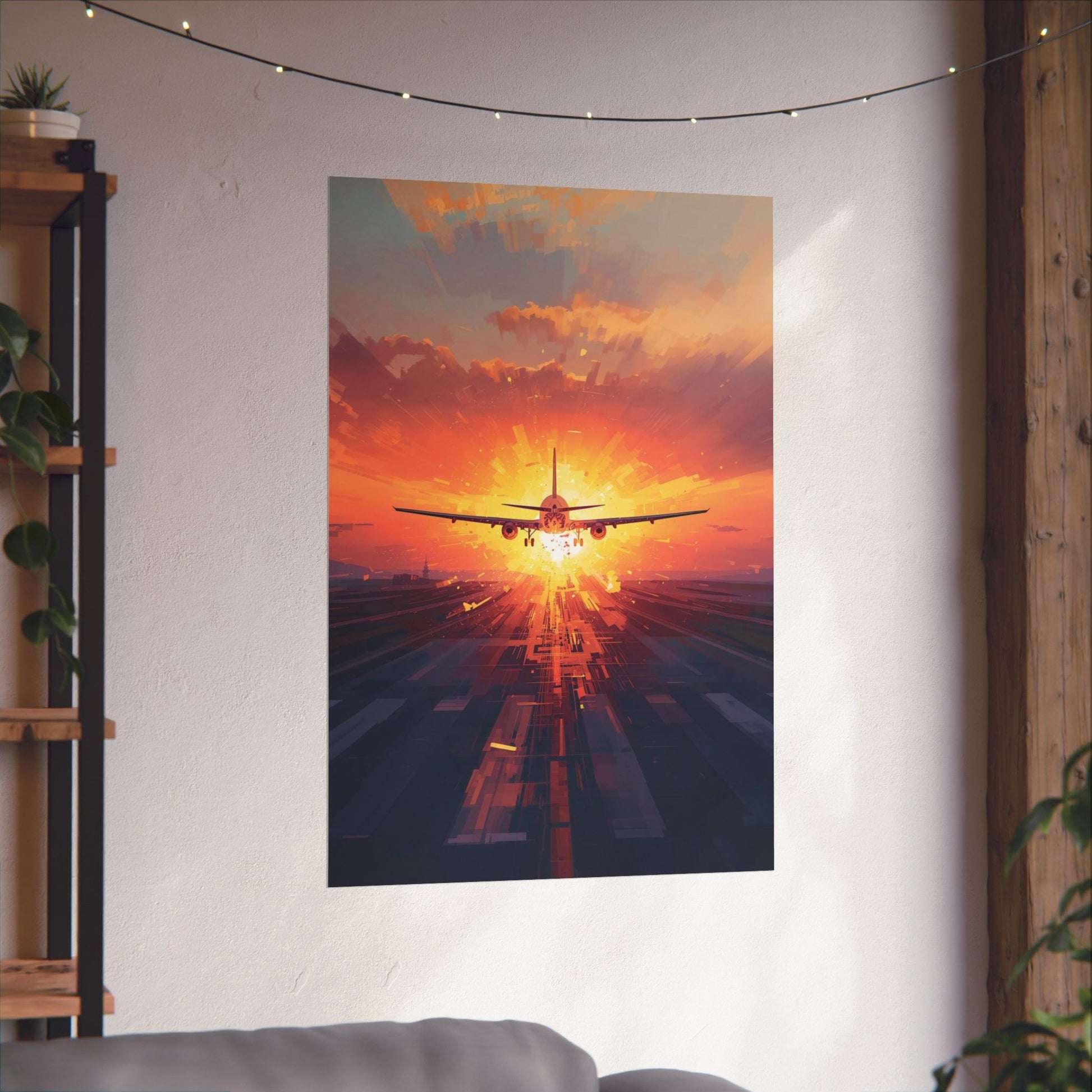 Poster of an airplane taking off at sunset hangs on a wall in a room with a plant and string lights.