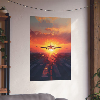 Poster of an airplane taking off at sunset hangs on a wall in a room with a plant and string lights.