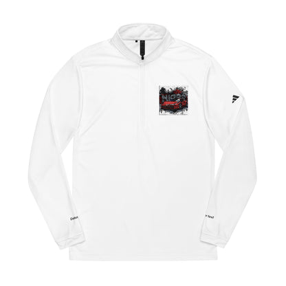 White sweatshirt with a logo on the chest and brand name on sleeves against a white background