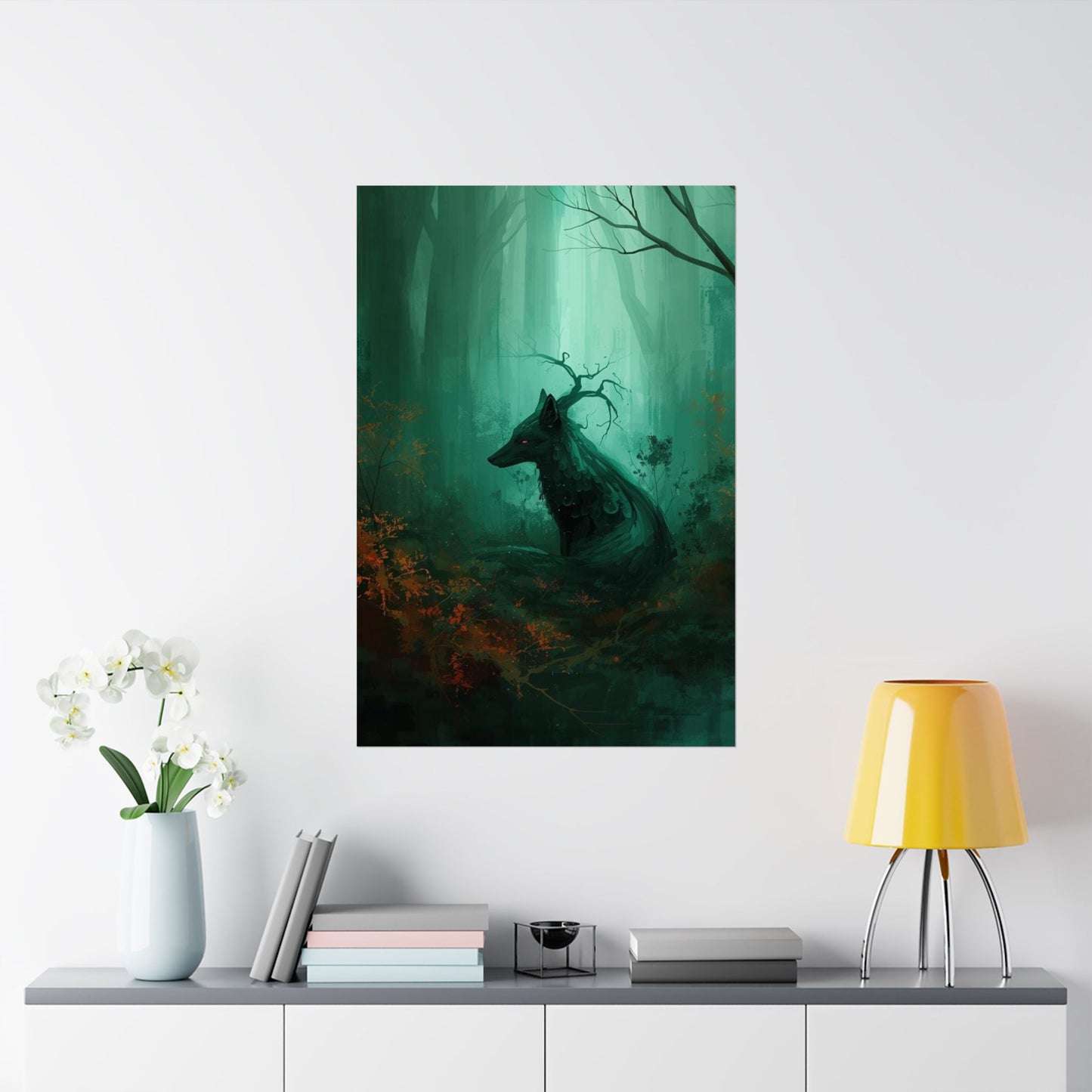 Mystic Forest Wolf Wall Art Poster | Dark Green Woodland Matte Print