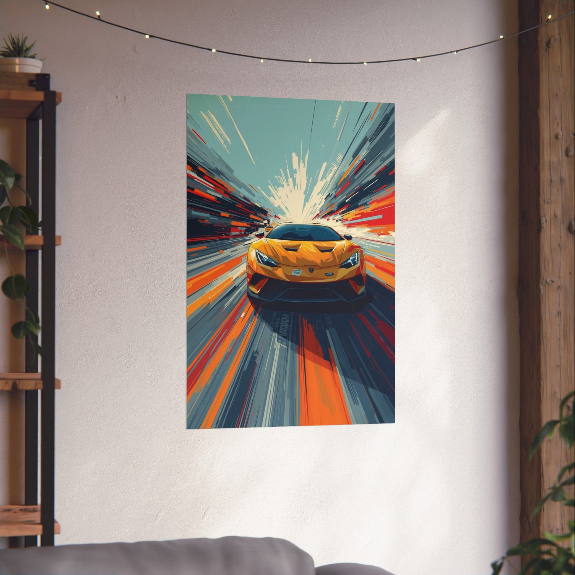 Colorful abstract painting of a car on a wall in a room with a shelf and plants.