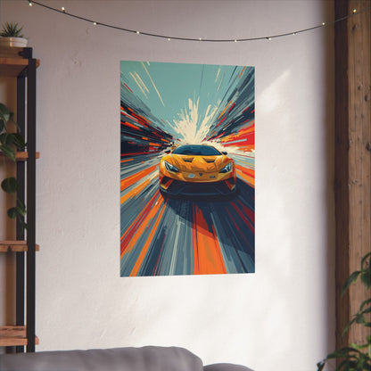 Colorful abstract painting of a car on a wall in a room with a shelf and plants.