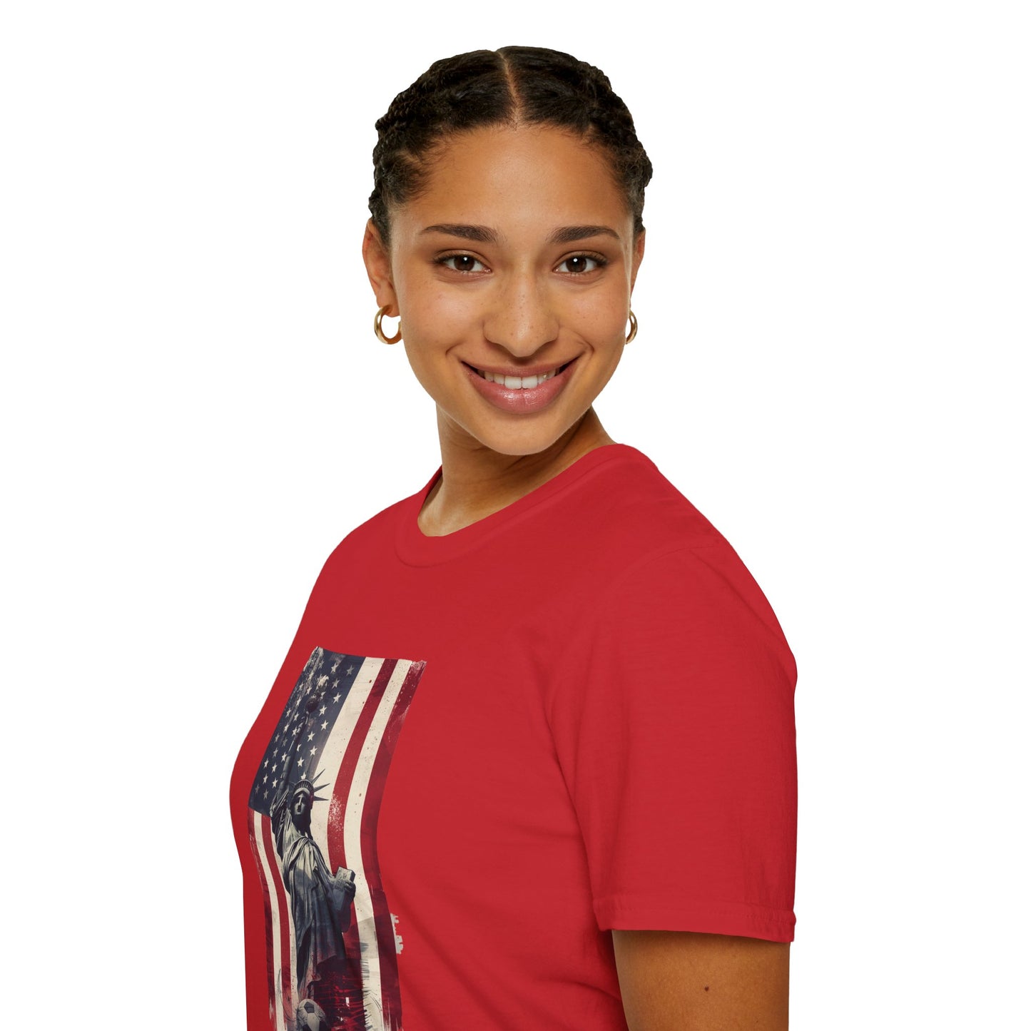 Statue of Liberty American Flag Soccer T-Shirt — Patriotic USA Graphic Tee