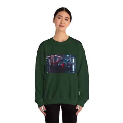 Person wearing a green sweatshirt with a car graphic on a white background