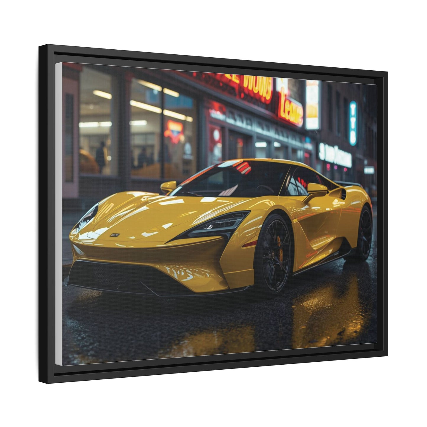 Framed Yellow sports car on a city street at night with neon lights