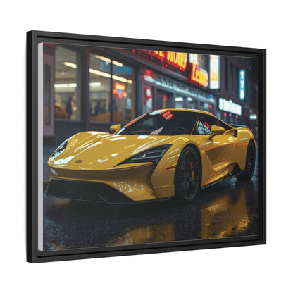 Framed Yellow sports car on a city street at night with neon lights