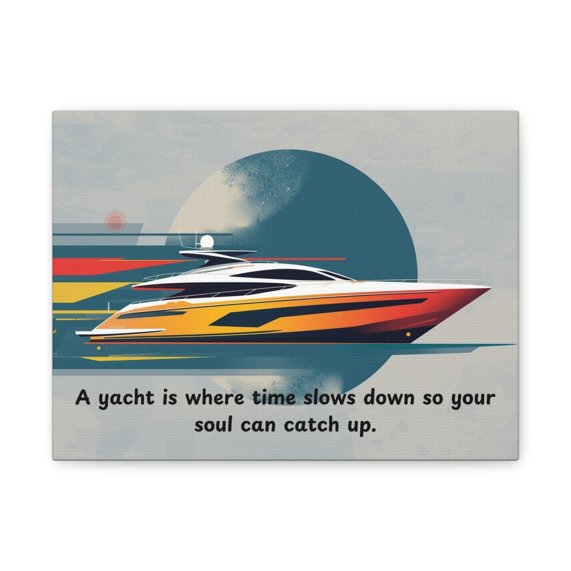 Canvas wall art of a yacht with a motivational quote on a gray background