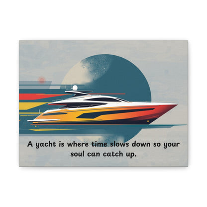 Canvas wall art of a yacht with a motivational quote on a gray background