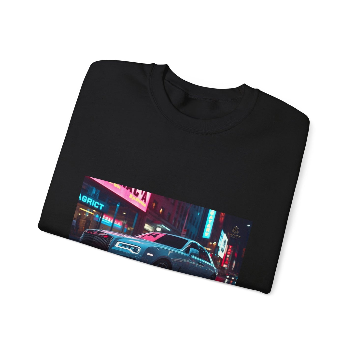 Black folded sweatshirt with a colorful cityscape print on a white background