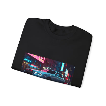 Black folded sweatshirt with a colorful cityscape print on a white background