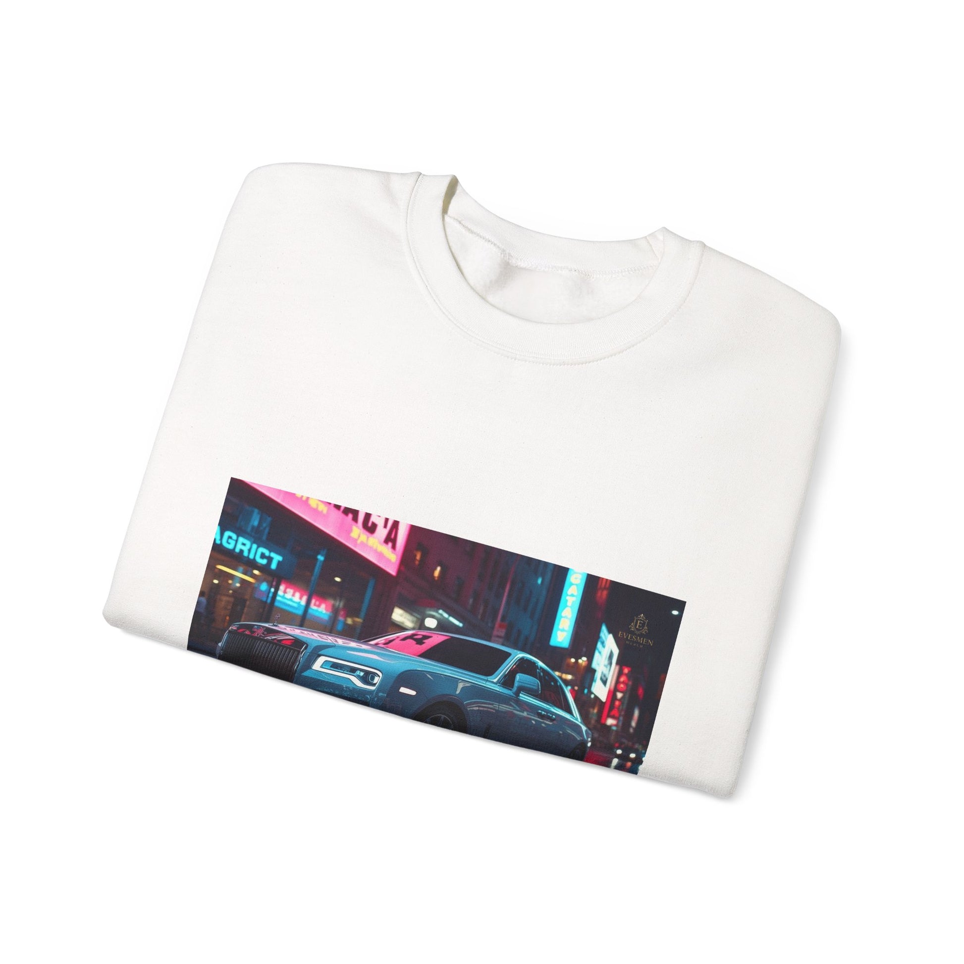 White sweatshirt with a colorful graphic of a city street and car on a white background