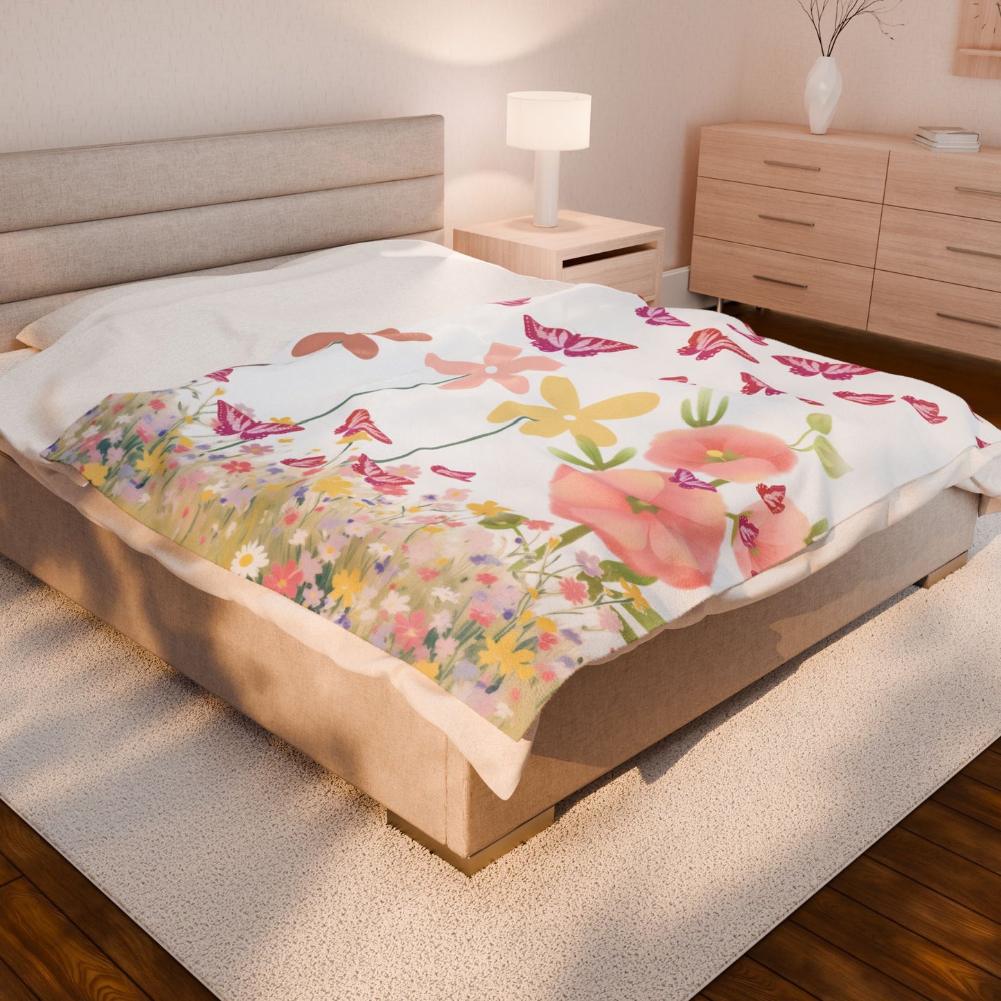 Bed with floral blanket in a bedroom setting