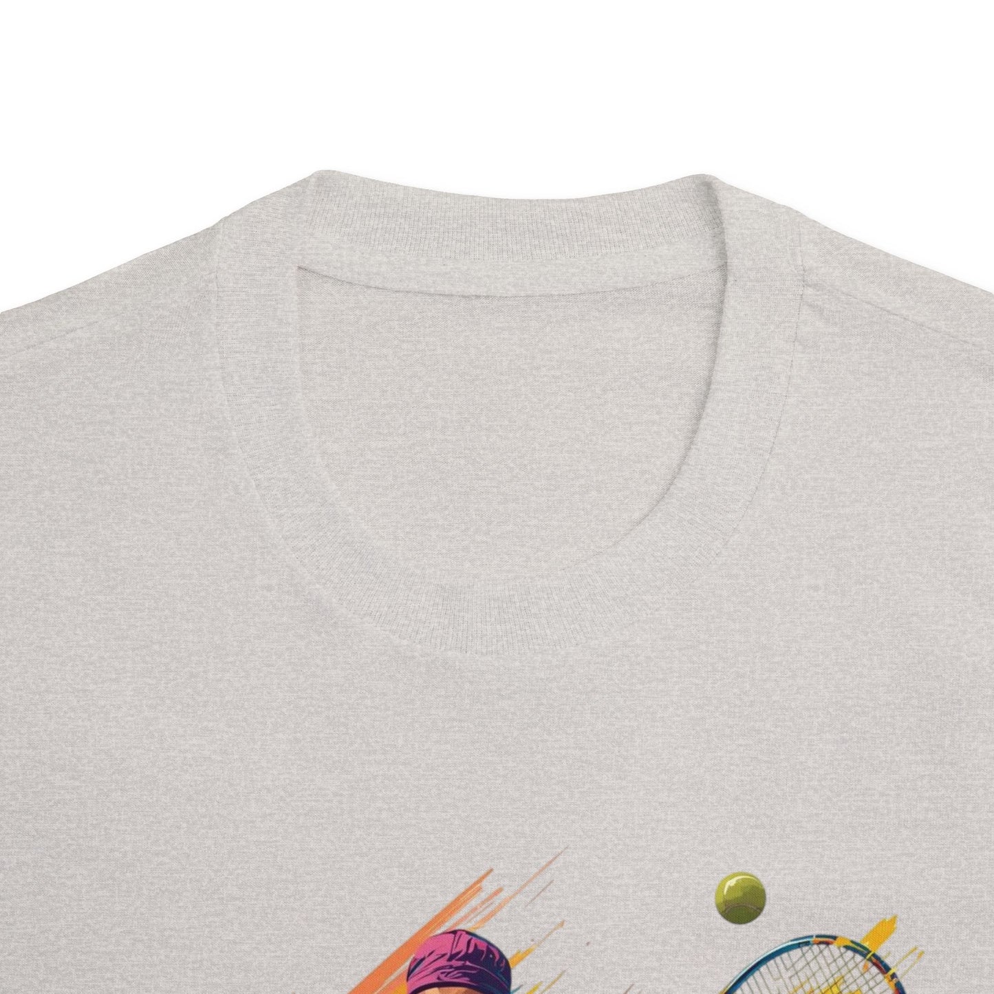 Tennis Player Graphic Tee — Colorful Action Racquet Design Shirt