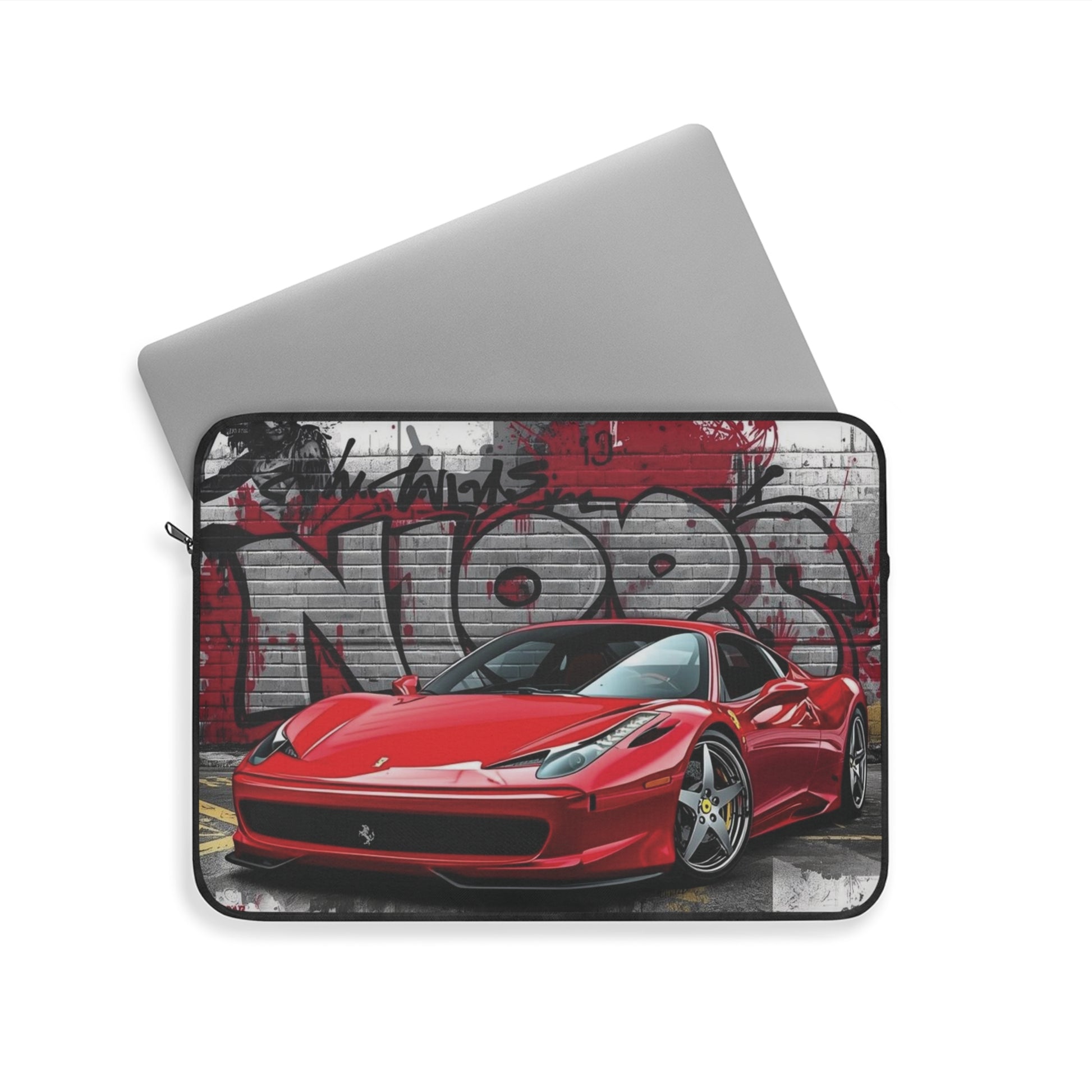 Laptop sleeve with red sports car design with a graffiti background