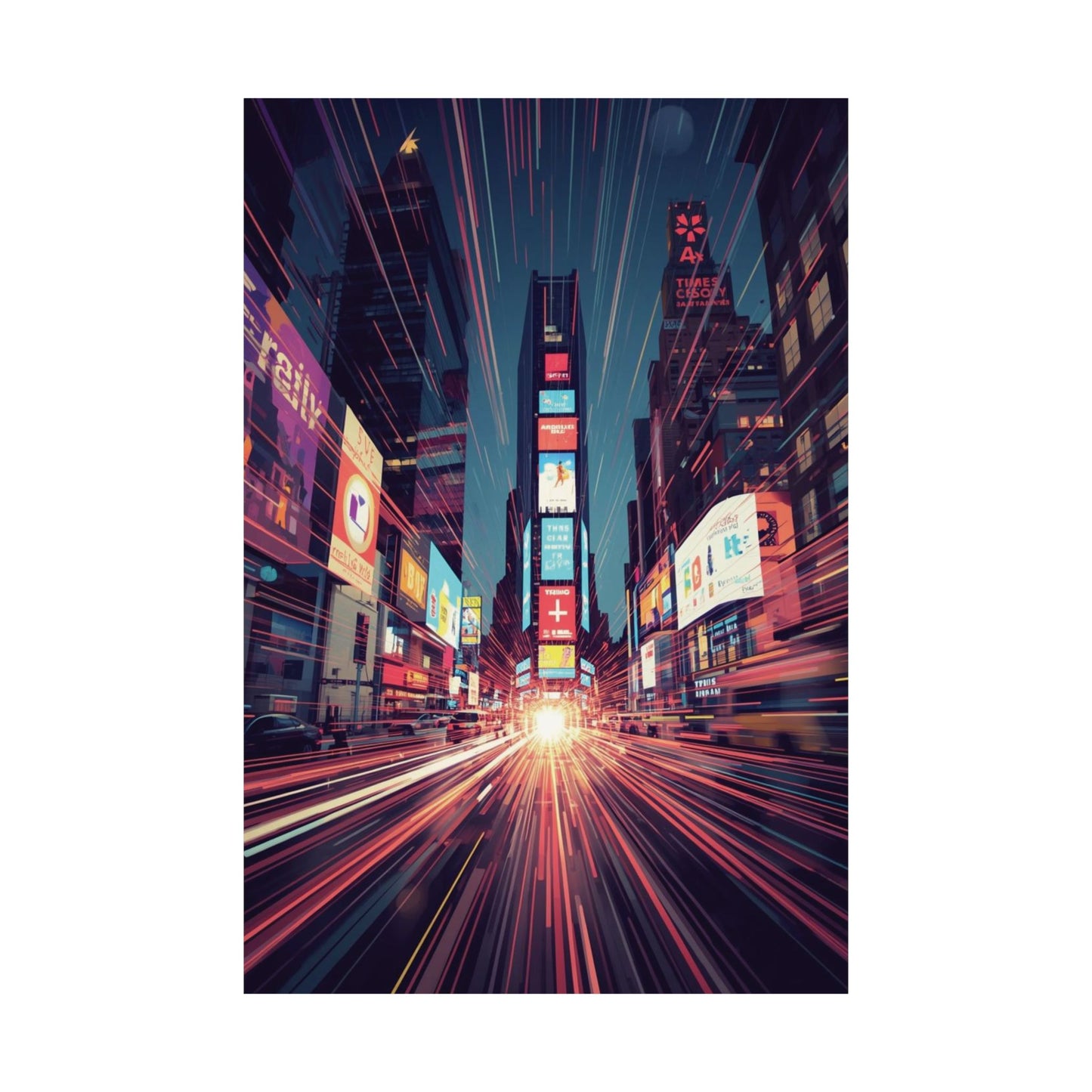 Futuristic city street with neon lights and tall buildings at night.