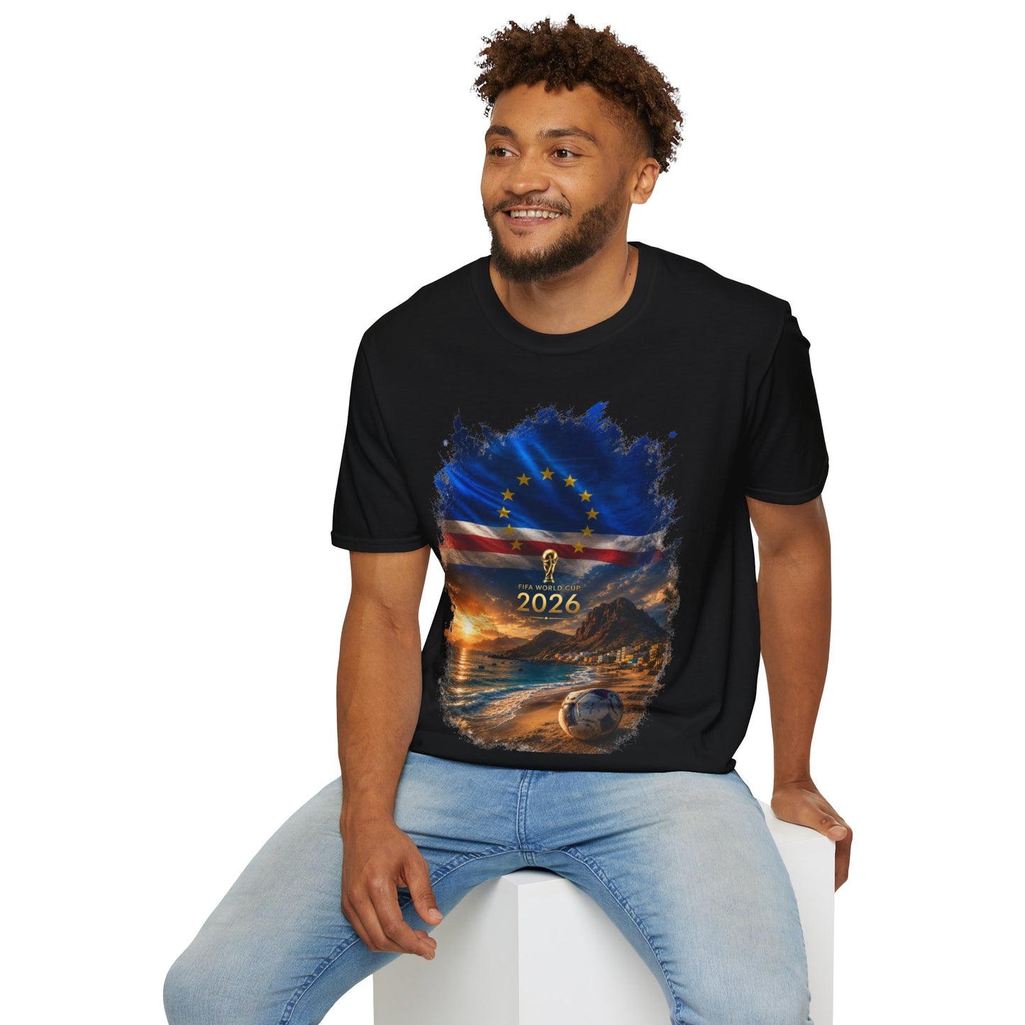 Cape Verde Football Flag Beach Graphic T-Shirt Blue Sharks Soccer Tee